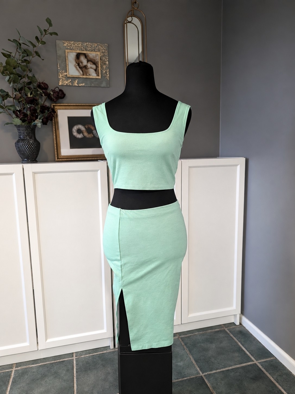 Fashion Nova Mint Green Crop Top & Pencil Midi Skirt Set
